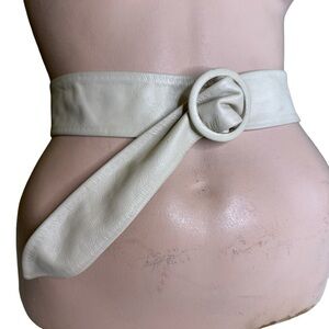 Vintage Cream Leather Adjustable Belt with Leather Wrapped Buckle
